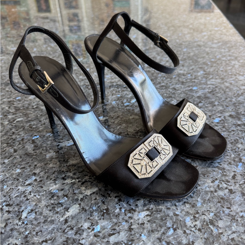 Valentino Black Satin Heels With Ankle Strap And Silver Rhinestone Embellishment